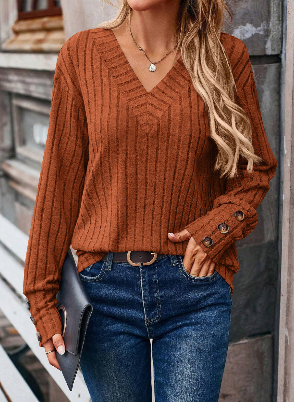 Women's Long-sleeved Blouse Solid Color Buttons T-shirt